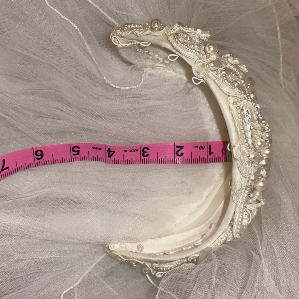 Wedding Pearl Crown with 3 tier lined Veil: Cathedral, Chapel and Blusher - Picture 9 of 15